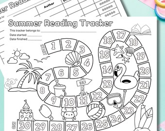 May include: Black and white summer reading tracker with a flamingo, beach, and seashell illustrations. Includes a reading log and space to track progress. Surrounded by colorful pens, washi tape, and push pins.