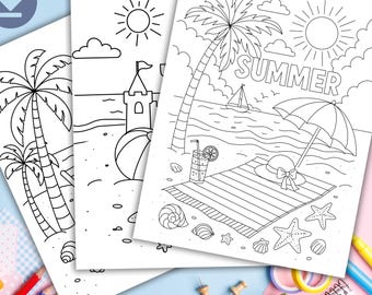 Páginas para colorir de verão para crianças | Atividades para acampamento de verão | Folhas para colorir com tema de praia | Folhas de atividades para imprimir para crianças