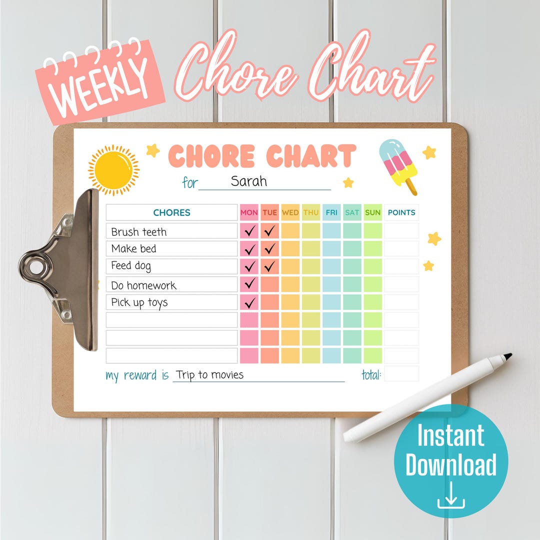 Kids Chore Chart Printable | Fill-in-the-blank Weekly Reward Chart ...