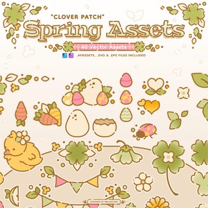 May include: A set of 40 spring-themed vector illustrations, including a chick, eggs, carrots, flowers, hearts, ladybugs, and clover leaves. The illustrations are in a cartoon style and are perfect for adding a touch of spring to your designs.