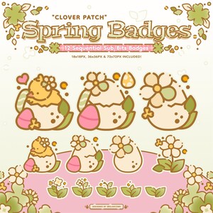 May include: A set of 12 spring-themed badges featuring a chick hatching from an egg, a flower, and leaves. The badges are in various sizes, including 18x18 pixels, 36x36 pixels, and 72x72 pixels. The text "CLOVER PATCH" and "Spring Badges" is at the top of the image.