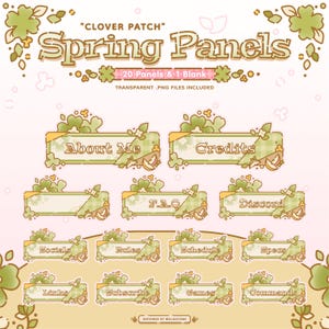 Puede incluir: Un conjunto de 20 paneles de Twitch verdes y amarillos con un tema de trébol. Los paneles presentan una variedad de textos, que incluyen "Acerca de mí", "Créditos", "Preguntas frecuentes", "Discord", "Redes sociales", "Reglas", "Horario", "Especificaciones", "Enlaces", "Suscribirse", "Juegos" y "Comandos". Los paneles están diseñados con un patrón a cuadros y tienen un estilo lindo y de dibujos animados.