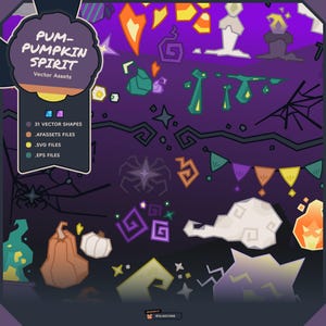 May include: A digital illustration featuring Halloween-themed vector assets. The image includes pumpkins, candles, spiderwebs, and other spooky shapes in orange, purple, and green. Text on the left reads "Pum-Pumpkin Spirit" and lists file types.
