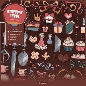 May include: A collection of vector assets with a birthday theme, including cupcakes, gifts, bows, and party hats. The image features the text "Birthday Ghoul" and file type information.