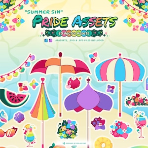 May include: A digital graphic design featuring the text "SUMMER SIN" and "PRIDE ASSETS". The image includes various colorful vector assets such as umbrellas, flowers, and a watermelon slice. The design includes the text "30 Vector Assets" and file type information.