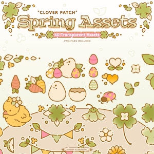 May include: A set of 40 spring-themed digital clipart images. The images include a chick, eggs, carrots, hearts, flowers, clovers, and a ladybug. The images are in a cartoon style and are perfect for adding a touch of spring to your designs.