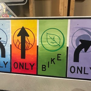 Puede incluir: Un letrero rectangular con cuatro secciones de color: azul, naranja, verde y morado. Cada sección tiene un símbolo y la palabra "ONLY" o "BIKE". Los símbolos incluyen una ola de agua, una flecha hacia arriba, una hoja y una flecha curva.