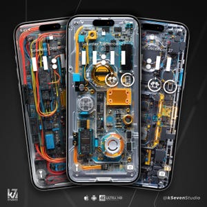 May include: Three smartphones with transparent cases revealing internal components. The screens show "Saturday, December 27" and icons. The phones have a complex arrangement of wires and circuits in blue, orange, and yellow.