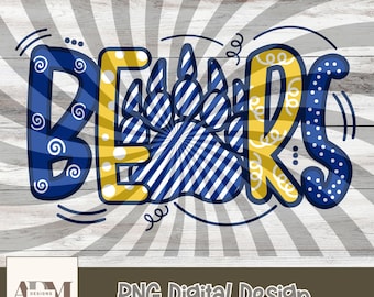 Bears Mascot Doodle: Blue and Gold School Spirit (PNG Digital Download)