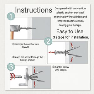 May include: An instructional graphic for steel wall anchors featuring three steps: 1. Hammer the anchor into drywall. 2. Insert the screw through the anchor hole. 3. Tighten the screw until secure. The text states: Instructions, Easy to Use, 3 steps for installation.