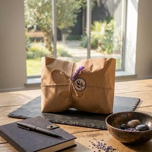 May include: A brown paper package tied with twine, featuring a sprig of purple lavender and a circular sticker with an ampersand symbol. Nearby is a dark gray notebook with a black pen and a small bowl containing smooth stones and lavender.