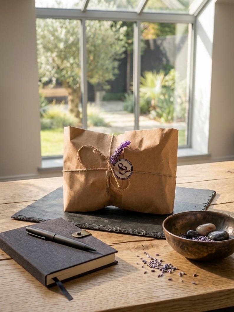 May include: A brown paper package tied with twine, featuring a sprig of purple lavender and a circular sticker with an ampersand symbol. Nearby is a dark gray notebook with a black pen and a small bowl containing smooth stones and lavender.