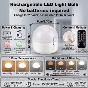 May include: A white rechargeable LED light bulb measuring 6cm by 6cm, or 2.36in by 2.36in. It features a 2000 mAh battery, Type-C charging port, remote control, three color temperatures, stepless dimming from 10% to 100%, and a timer function.