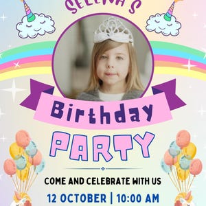 Convite de aniversário de unicórnio editável para meninas – convite digital com tema de arco-íris mágico – cartão de aniversário de princesa para download instantâneo
