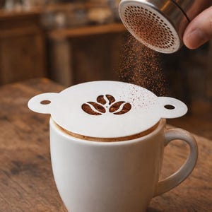 May include: A white ceramic mug filled with coffee, topped with a coffee bean stencil design. Cocoa powder is being sprinkled on top from a stainless steel shaker. The mug sits on a wooden surface.