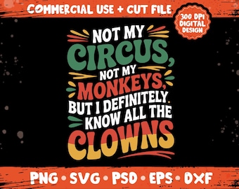 Inte min cirkus, inte mina apor, png svg, rolig sarkastisk cirkushumordesign, kvick clownkaosordstävpaket, kvick clownkaosordstäv, paket med png