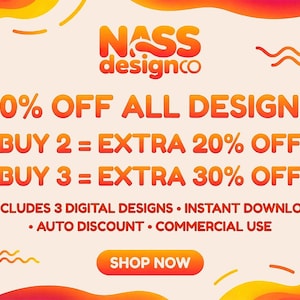 Puede incluir: Anuncio de dise&ntilde;os digitales de Nass Design Co. La imagen presenta texto en naranja y blanco sobre un fondo crema. Destaca una oferta del 50% de descuento, con descuentos adicionales por compras m&uacute;ltiples. Incluye 3 dise&ntilde;os digitales, descarga instant&aacute;nea y uso comercial.