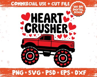 Triturador de corazones SVG PNG: Gráfico divertido de San Valentín para niños, Diseño de San Valentín de Monster Truck para niños