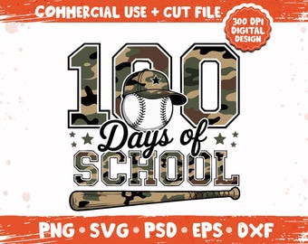 100 Dias de Aula - Estampa Camuflada de Beisebol (PNG), Design de Menino com Estampa Camuflada de Beisebol, Estampa Divertida para Camiseta Infantil do 100º Dia de Aula