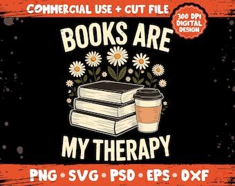 Bücher sind meine Therapie PNG SVG, Retro Floral Buchliebhaber Sublimationsdesign