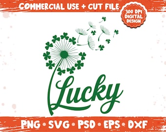 Puede incluir: Un diseño digital verde y blanco con un diente de león con semillas en forma de trébol que se alejan. La palabra "Lucky" está escrita en una fuente verde fluida. El diseño incluye el texto "Commercial Use + Cut File".