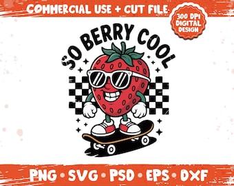 So Berry Cool png svg, Retro jordgubb groovy fruktdesign, söt sommar jordgubbströja tema bunt png