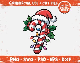 May include: A cartoon illustration of a candy cane with a Santa hat, holly leaves, and colorful lights. The candy cane is red and white striped. The image includes the text "COMMERCIAL USE + CUT FILE" and "300 DPI DIGITAL DESIGN".