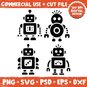 Peut inclure: Illustrations de robots noirs et blancs de différentes formes et avec des détails variés. L'image contient le texte « UTILISATION COMMERCIALE + FICHIER DE DÉCOUPE » et des options de type de fichier. Robots pour usage numérique.