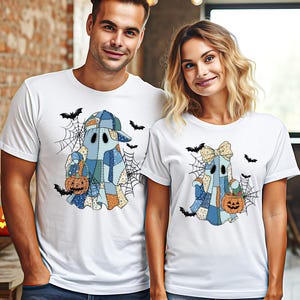 Patchwork Ghost Couple Halloween T-Shirt, Spooky Season Matching Outfit