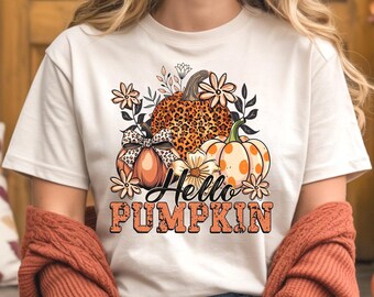 Camiseta con estampado de leopardo "Hola Calabaza", camiseta gráfica de cosecha de otoño, ropa de otoño para Acción de Gracias.