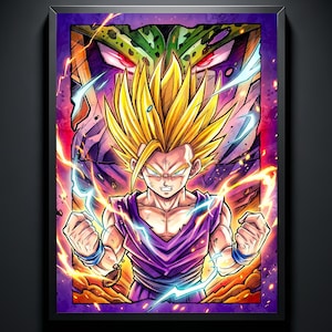 Impressão inspirada no anime Gohan vs Cell: Despertar do Poder – Arte de parede da batalha Super Saiyajin (Download Digital)