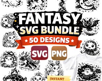 Cute Fantasy SVG Bundle 50 Designs | Kawaii Animal Cricut Files | Cartoon Creatures PNG | Clipart Bundle | Instant Download
