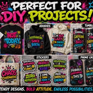 Lifestyle mockup showcasing colorful graffiti quote designs on shirts, hoodies, tumblers, tote bags, stickers, and phone cases with trendy urban styling.