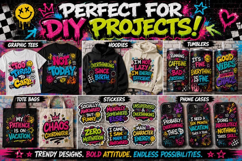 Lifestyle mockup showcasing colorful graffiti quote designs on shirts, hoodies, tumblers, tote bags, stickers, and phone cases with trendy urban styling.