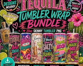 Sparkly Tequila Tumbler Wrap Bundle | Funny Margarita Quotes PNG | 20oz Skinny Tumbler Sublimation Designs | Glitter Tequila Lover Bundle