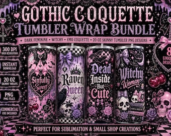 Gothic Coquette Tumbler Wrap Bundle PNG | Dark Feminine 20 oz Skinny Tumbler Designs | Pink Goth Sublimation Wraps | Witchy Goth PNG