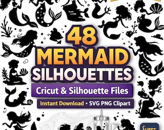 Mermaid Bundle 48 Designs | Mermaid PNG Silhouette Clipart | Cricut Cut Files | Ocean Mermaid | Beach Shell Starfish Designs