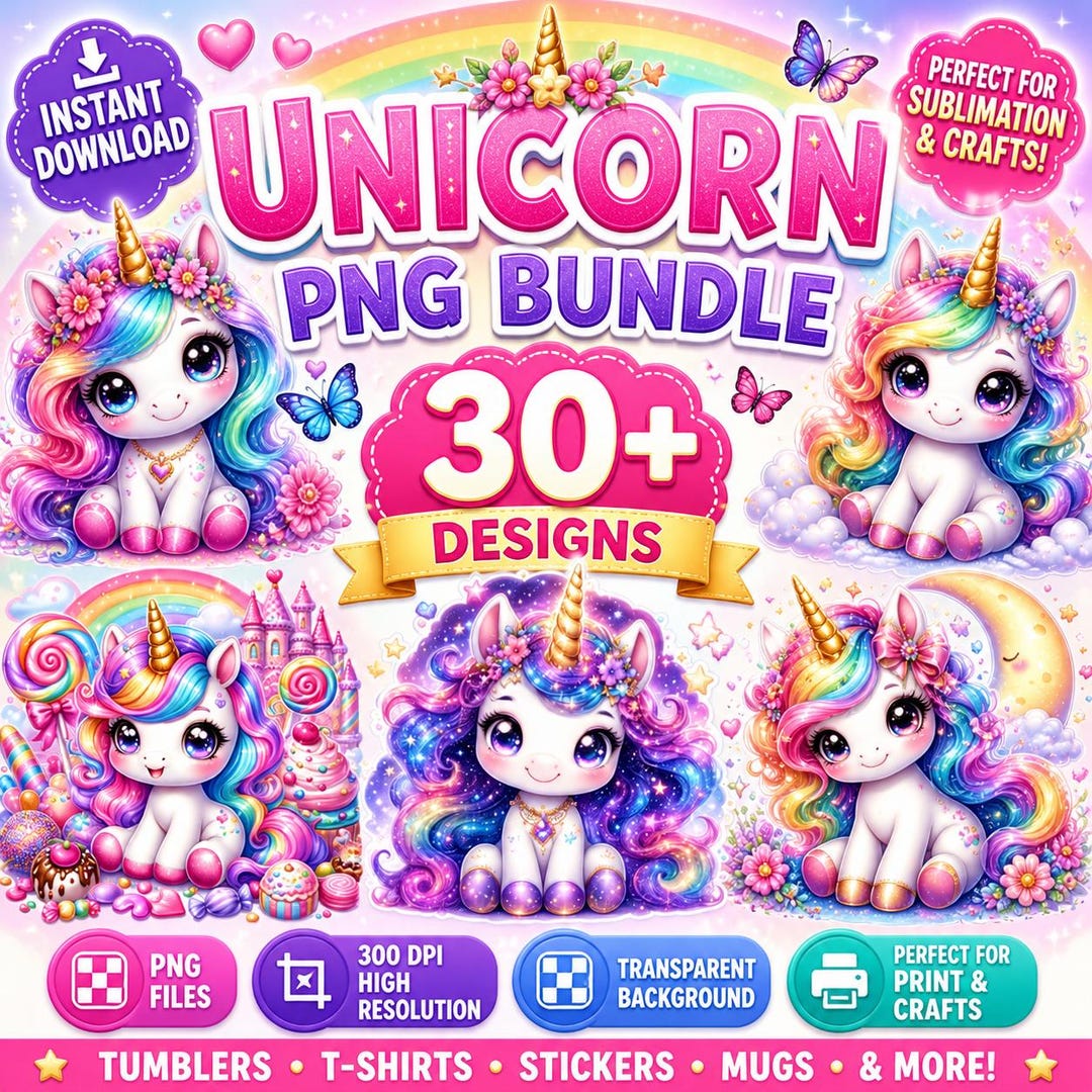 Cute Unicorn PNG Bundle, Rainbow Unicorn Clipart, Kawaii Unicorn ...