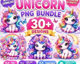 Cute Unicorn PNG Bundle, Rainbow Unicorn Clipart, Kawaii Unicorn Sublimation Designs, Fantasy Unicorn PNG, Kids Girl Graphics