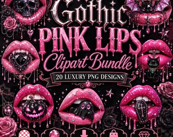 20 Gothic Pink Lips Clipart Bundle | Gothic Coquette PNG | Skull Lips | Halloween Clipart | Black Cat | Dripping Lips | Commercial Use