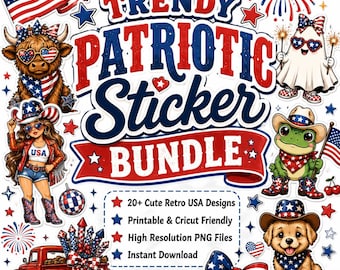 Patriotic Sticker Bundle PNG | 4th of July Sticker Clipart | Retro America Stickers | Cute USA Animals | Cricut Printable Stickers