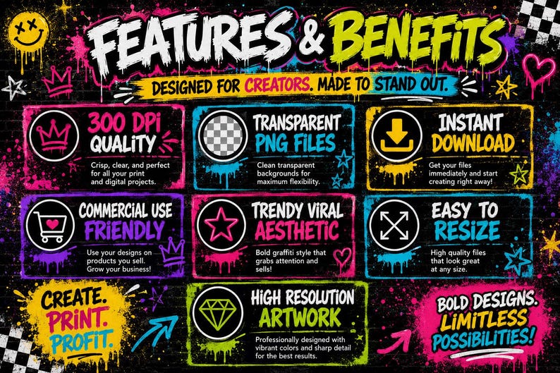 May include: A vibrant graphic with the words "FEATURES & BENEFITS" in white graffiti-style lettering. The image highlights features like 300 DPI quality, transparent PNG files, instant download, and commercial use. The design is bold and colorful.