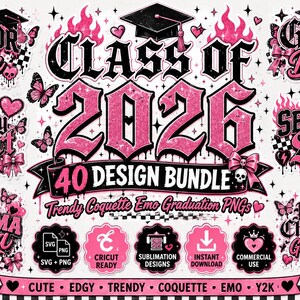 May include: A digital design bundle with a graduation theme. The design features pink and black graphics, including the text "Class of 2026", graduation caps, butterflies, and the words "Senior Era" and "Diploma Diva".