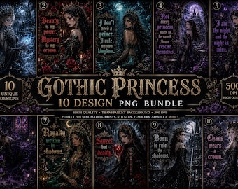 Gothic Princess PNG Bundle, Dark Fantasy Princess Clipart, Gothic Fairytale Sublimation Designs, Spooky Princess Art, Dark Feminine Bundle