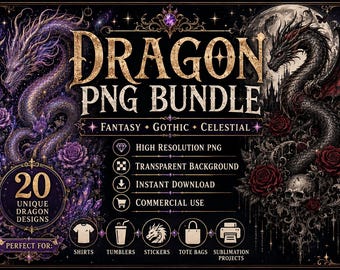 Dragon PNG Bundle, Fantasy Dragon Clipart, Gothic Dragon Tattoo Art, Celestial Dragon PNG, Floral Dragon Artwork, Dark Fantasy Sublimation
