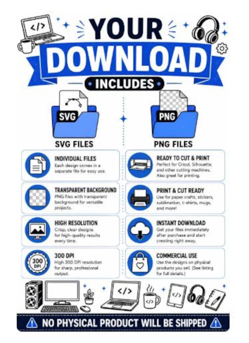 Step-by-step instruction guide explaining how to use the Computer Tech SVG Bundle by downloading files, uploading to Cricut or Silhouette, resizing as needed, cutting or printing, and creating technology-themed projects. Compatible with Cricut Design Space, Silhouette Studio, Canva, Photoshop, and Adobe Illustrator.