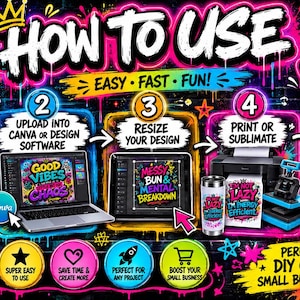 Step-by-step how-to-use instruction graphic for downloading, resizing, printing, and sublimating colorful graffiti PNG designs for DIY projects.