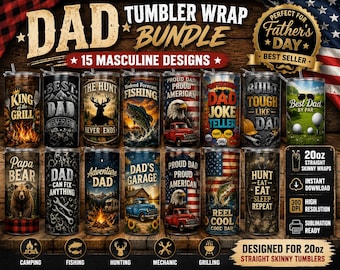 Dad 20oz Tumbler Wrap Bundle | Father's Day Sublimation Designs | Hunting Fishing Camping Dad Tumbler PNG | 15 Tumbler Wraps