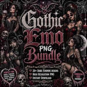 Könnte beinhalten: Ein digitales PNG-Bundle mit Gothic- und Emo-Thema. Das Bild zeigt Illustrationen von Frauen, Totenköpfen, Rosen und den Text "Gothic Emo PNG Bundle". Enthält "20+ Dark Feminine Designs" und "Commercial Use Friendly".