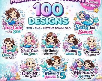 100 Mermaid Birthday SVG Bundle, Birthday Girl SVG, Under the Sea Party Cricut Files, Mermaid PNG Bundle, Mermaid Shirt Design